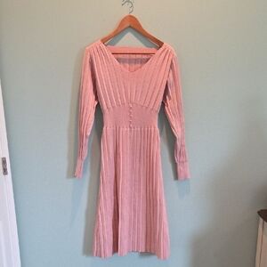 SHEIN Pink Ribbed Knit Midi Dress with Button Detail And Long Sleeves Size S